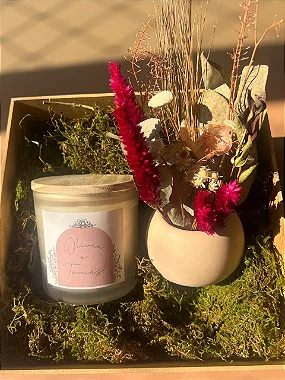 Kit 5 unidades - Presente Personalizado Vela Aromática + Mini Vaso Flores Secas