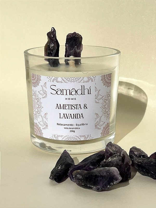 Vela Aromática com Cristais - Ametista e Lavanda Inglesa - Relaxamento