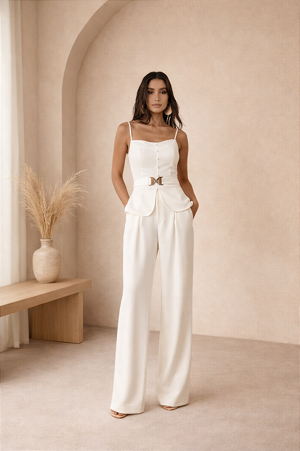 Conjunto Pantalona Blusa Com Faixa Elástico Off White
