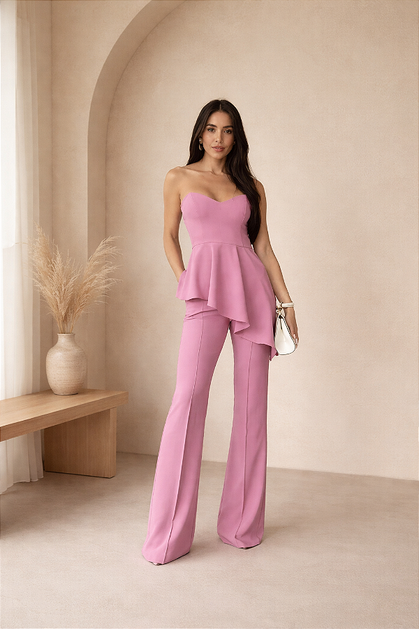 Conjunto Blusa Assimétrica Babado Rosa