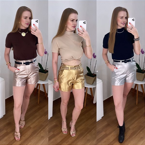 Short PU Courino Metalizado com Cinto