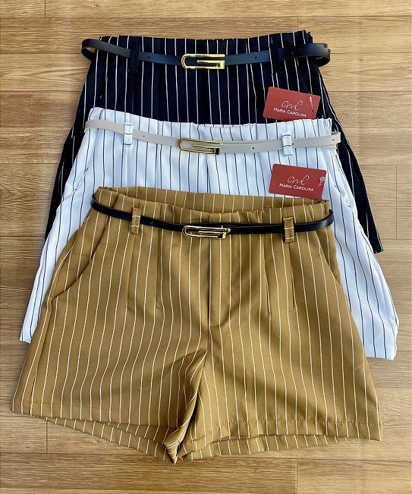 Short Feminino Alfaiataria Risca de Giz Com Cinto