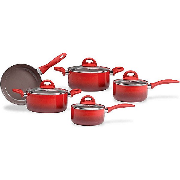 Jogo de Panelas Brinox Granada 5 Peças Indução Revestimento Ceramico Antiaderente Vermelho