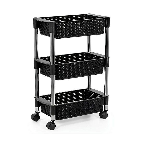 Fruteira Retangular Tripla em Rattan Preto