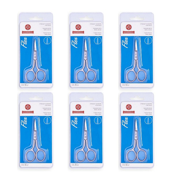 Kit 6 Tesouras de Unha Mundial Aço Inox Flex Reta