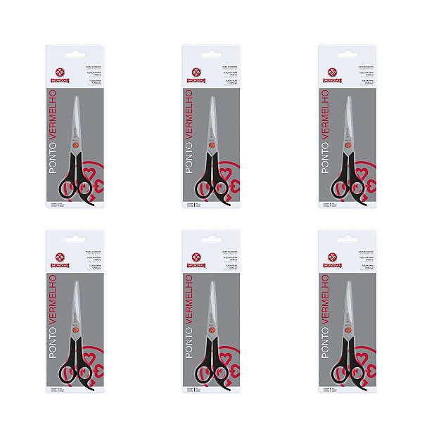 Kit 6 Tesouras de Cabelo Mundial Aço Inox Flex Fio Laser Ponto Vermelho 6 Polegadas