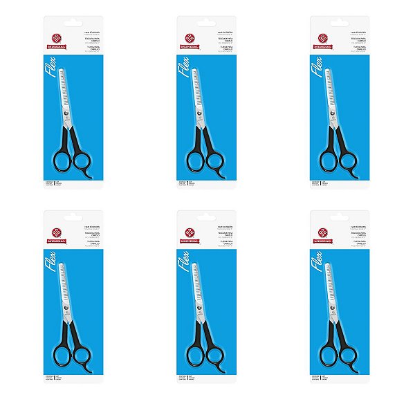 Kit 6 Tesouras de Cabelo Mundial Aço Inox Flex Fio Desbaste 6 Polegadas