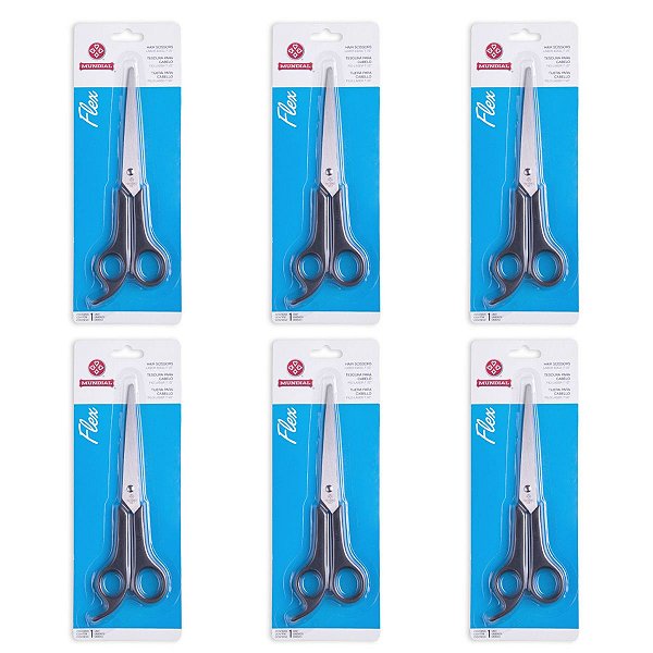 Kit 6 Tesouras de Cabelo Mundial Aço Inox Flex Fio Laser 7 Polegadas