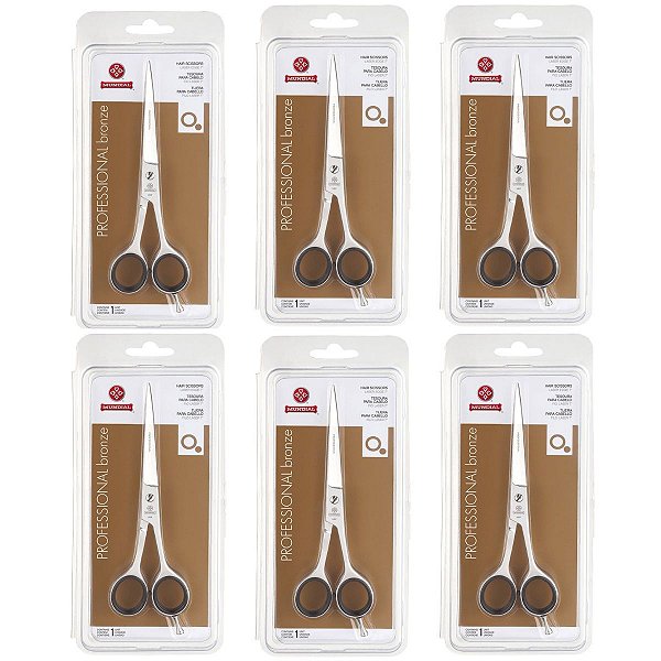 Kit 6 Tesouras de Cabelo Mundial Aço Inox Bronze Fio Laser 7 Polegadas