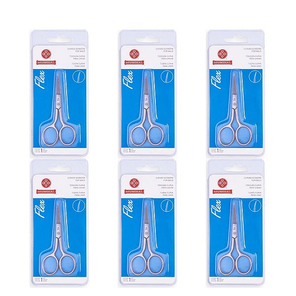 Kit 6 Tesouras de Unha Mundial Aço Inox Flex Curva