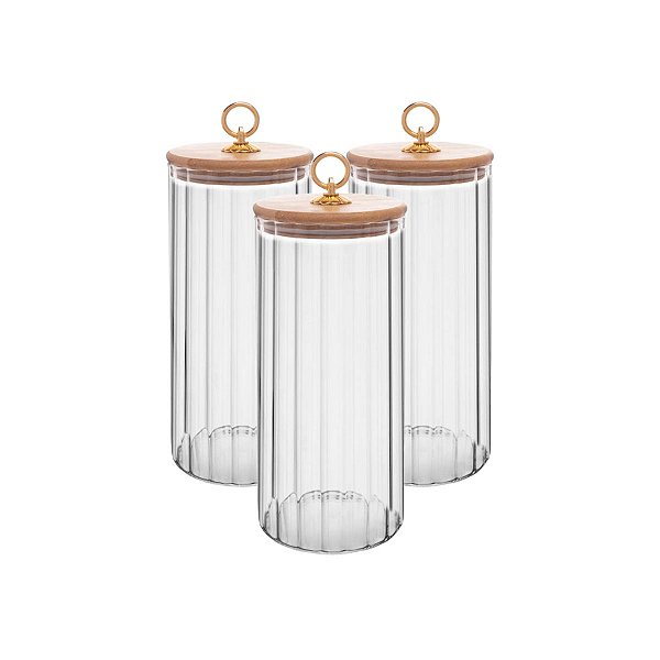 Kit 3 Potes Herméticos Wolff Borossilicato com Tampa de Bambu Classic 1,15L