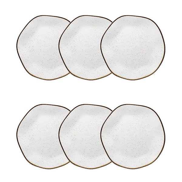 Jogo de 6 Pratos Sobremesa Oxford Ryo Maresia 21,5 Cm Branco e Marrom