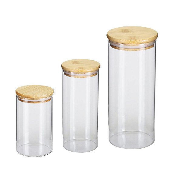 Jogo de 3 Potes Herméticos de Vidro Tampa de Bambu Oikos