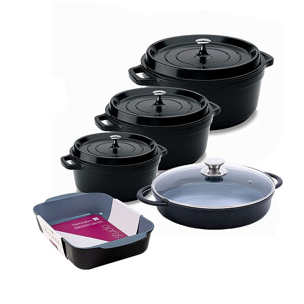 Kit Conjunto Caçarola e Assadeira Hercules Revestimento Ceramico Indução Preto 3L + 4,3L + 6,8L + 3,5L