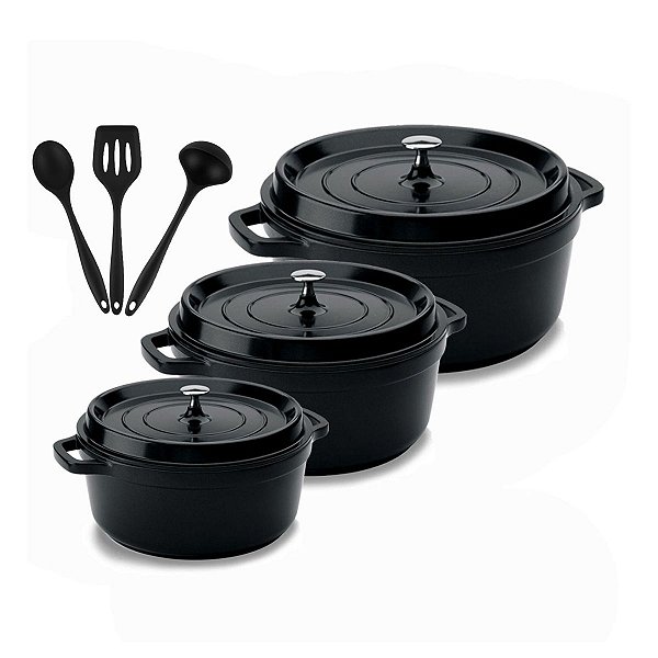 Kit Conjunto Caçarola Hercules Revestimento Ceramico Indução Preto 2,4L + 4,3L + 6,8L + Utensilios De Silicone