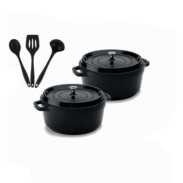 Kit Conjunto Caçarola Hercules Revestimento Ceramico Indução Preta 2,4L + 2,4L + Utensilios De Silicone
