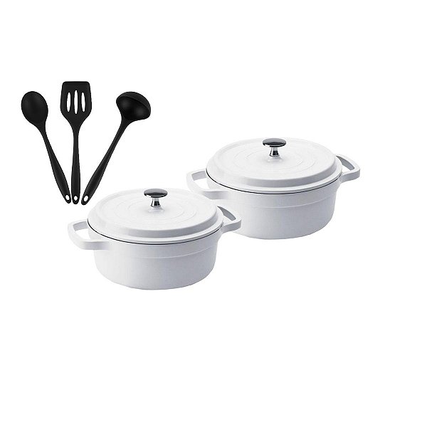 Kit Conjunto Caçarola Hercules Revestimento Ceramico Indução Branca 2,4L + 2,4L + Utensilios De Silicone