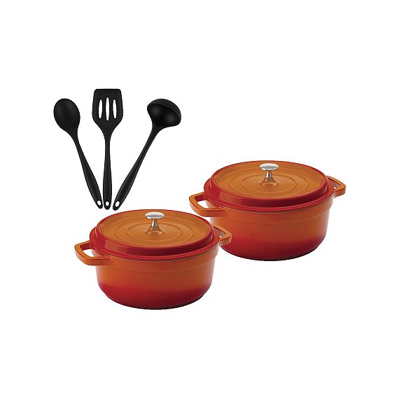 Kit Conjunto Caçarola Hercules Revestimento Ceramico Indução Laranja 2,4L + 2,4L + Utensilios De Silicone