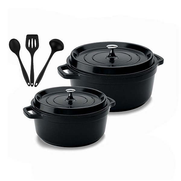 Kit Conjunto Caçarola Hercules Revestimento Ceramico Indução Preta 4,3L + 6,8L + Utensilios De Silicone