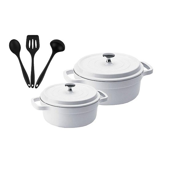 Kit Conjunto Caçarola Hercules Revestimento Ceramico Indução Branca 4,3L + 6,8L + Utensilios De Silicone