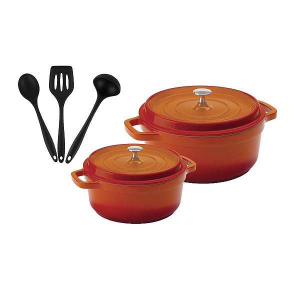 Kit Conjunto Caçarola Hercules Revestimento Ceramico Indução Laranja 4,3L + 6,8L + Utensilios De Silicone
