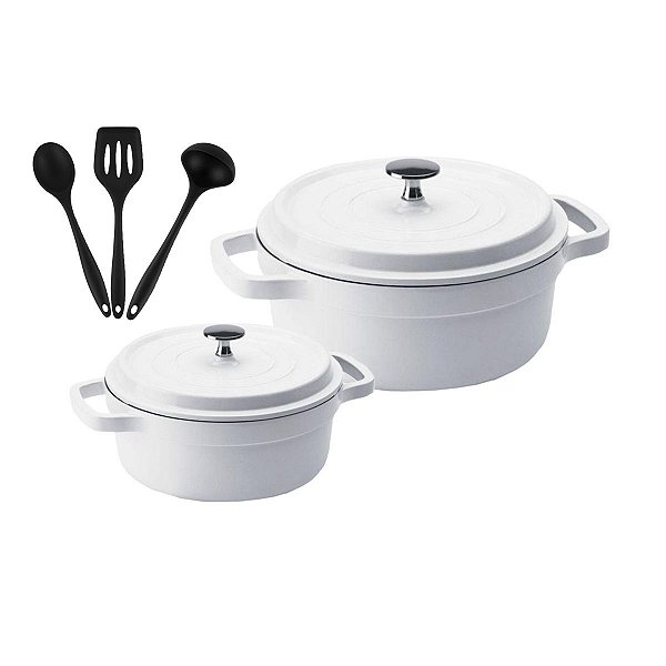 Kit Conjunto Caçarola Hercules Revestimento Ceramico Indução Branca 2,4L + 6,8L + Utensilios De Silicone