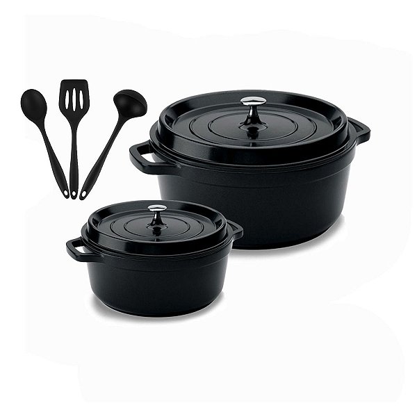 Kit Conjunto Caçarola Hercules Revestimento Ceramico Indução Preto 2,4L + 6,8L + Utensilios De Silicone
