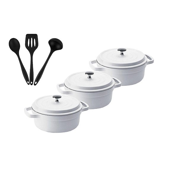 Kit Conjunto Caçarola Hercules Revestimento Ceramico Indução Branca 2,4L + 2,4L + 2,4L + Utensilios De Silicone