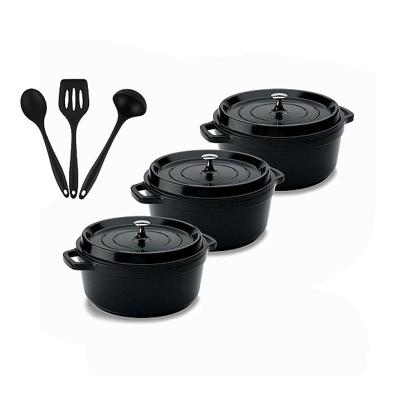 Kit Conjunto Caçarola Hercules Revestimento Ceramico Indução Preta 2,4L + 2,4L + 2,4L + Utensilios De Silicone