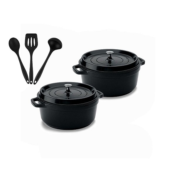 Kit Conjunto Caçarola Hercules Revestimento Ceramico Indução Preta 4,3L + 4,3L + Utensilios De Silicone