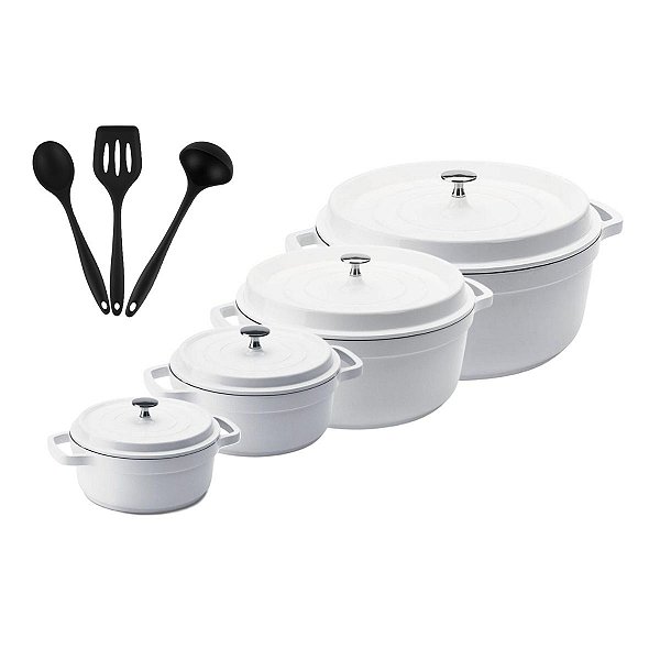 Kit Conjunto Caçarola Hercules Revestimento Ceramico Indução Branca 1,4L + 2,4L + 4,3L + 6,8L + Utensilios De Silicone