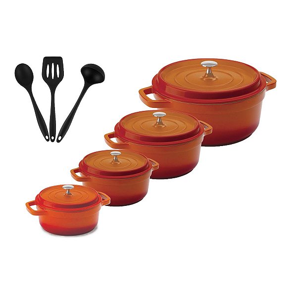 Kit Conjunto Caçarola Hercules Revestimento Ceramico Indução Laranja 1,4L + 2,4L + 4,3L + 6,8L + Utensilios De Silicone