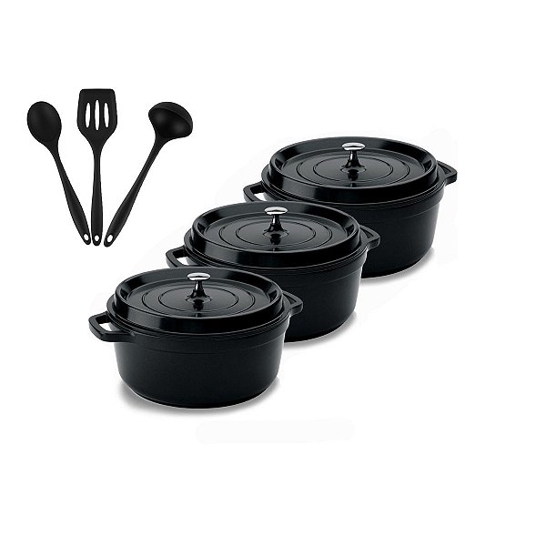 Kit Conjunto Caçarola Hercules Revestimento Ceramico Indução Preta 6,8L + 6,8L + 6,8L + Utensilios De Silicone