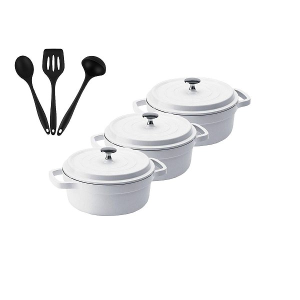 Kit Conjunto Caçarola Hercules Revestimento Ceramico Indução Branca 6,8L + 6,8L + 6,8L + Utensilios De Silicone