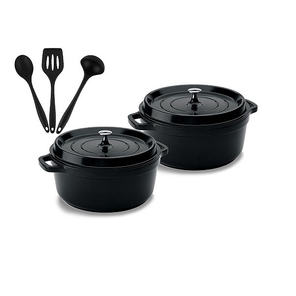 Kit Conjunto Caçarola Hercules Revestimento Ceramico Indução Preta 6,8L + 6,8L + Utensilios De Silicone