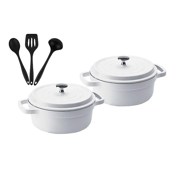 Kit Conjunto Caçarola Hercules Revestimento Ceramico Indução Branca 6,8L + 6,8L + Utensilios De Silicone
