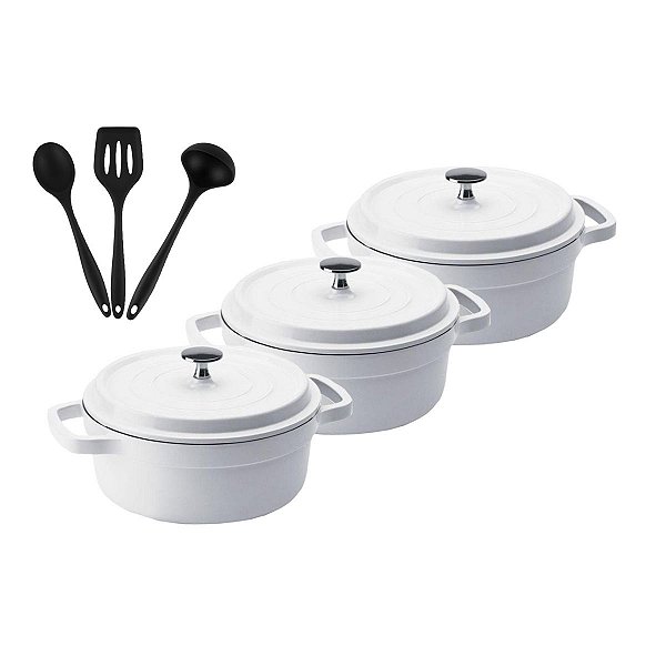 Kit Conjunto Caçarola Hercules Revestimento Ceramico Indução Branca 4,3L + 4,3L + 4,3L + Utensilios De Silicone