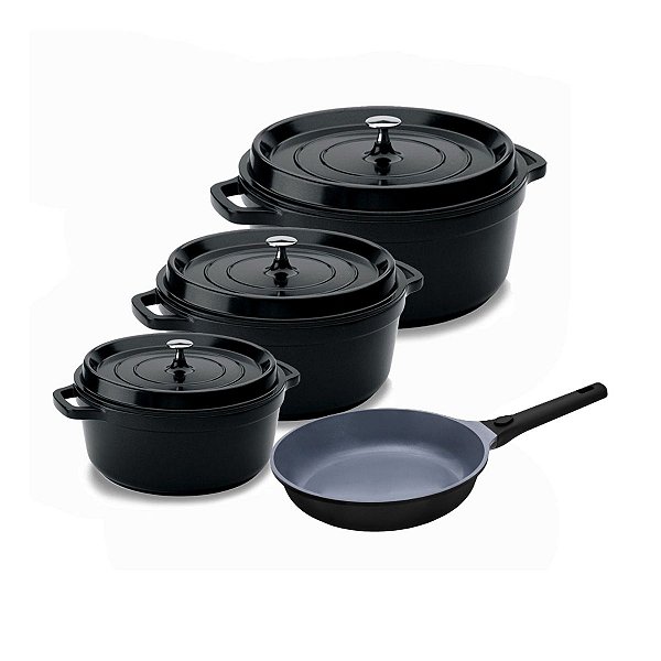 Kit Conjunto Caçarola e Frigideira Hercules Revestimento Ceramico Indução Preta 2,4L + 4,3L + 6,8L + 3L