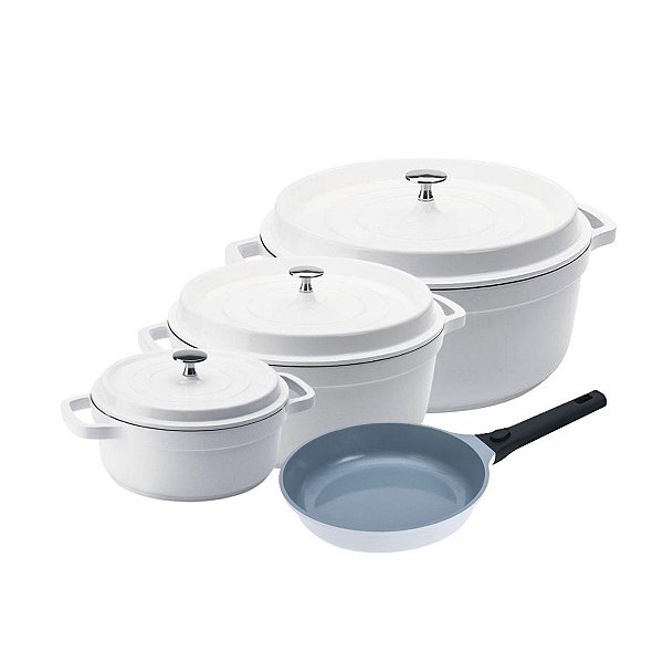 Kit Conjunto Caçarola e Frigideira Hercules Revestimento Ceramico Indução Branca 2,4L + 4,3L + 6,8L + 3L