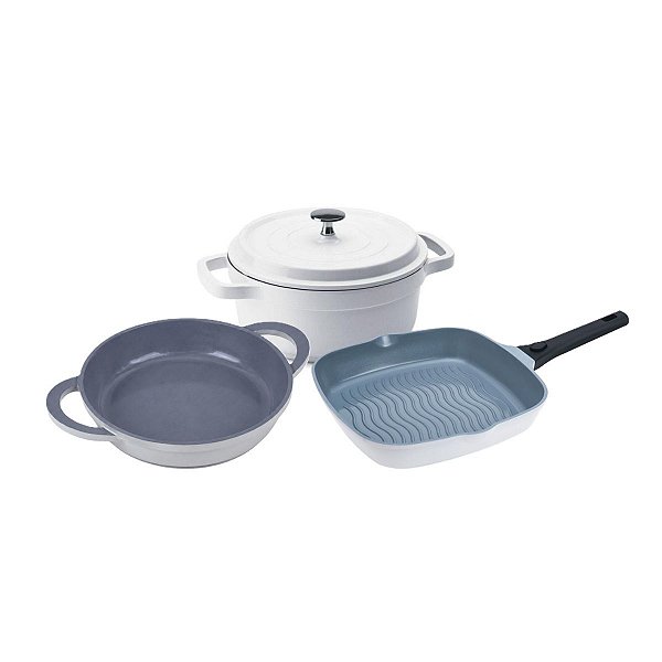Kit Caçarola Com Assadeira e Frigideira Hercules Antiaderente Ceramico Branca Pequena PA9000