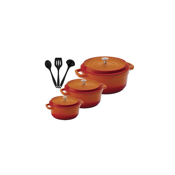 Kit Conjunto Caçarola Hercules Revestimento Ceramico Indução Laranja 2,4L + 1,3L + 4,3L + Utensilios De Silicone