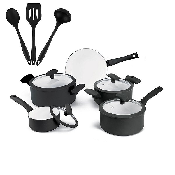Jogo de Panelas Hercules Revestimento Ceramico Indução 5 Peças Antiaderente Preto + Utensilios