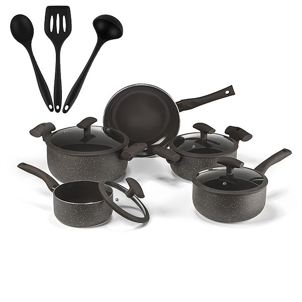 Jogo de Panelas Hercules Revestimento Ceramico Indução 5 Peças Antiaderente Marrom + Utensilios