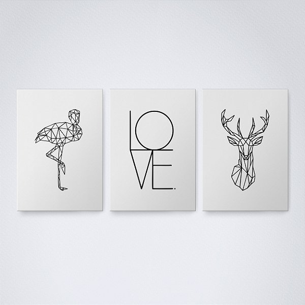 Trio Quadro Canvas Love Animais