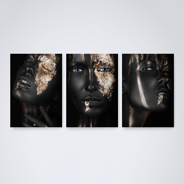 Trio Quadro Canvas Rosto Dourado