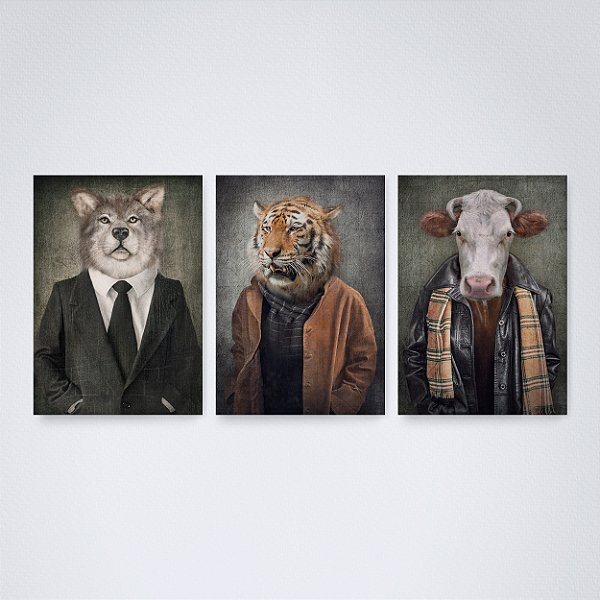Trio Quadro Canvas Cara de Animais