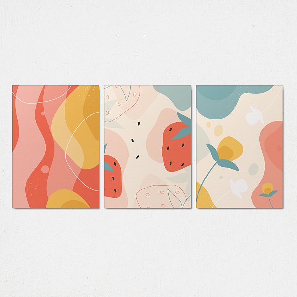 Trio Quadro Canvas Desenho Morango