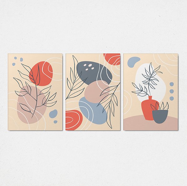 Trio Quadro Canvas Desenho Vaso
