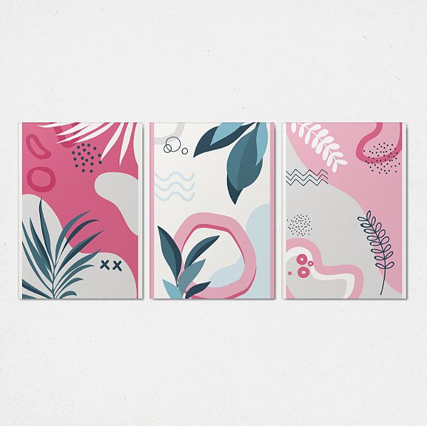 Trio Quadro Canvas Desenho Rosa