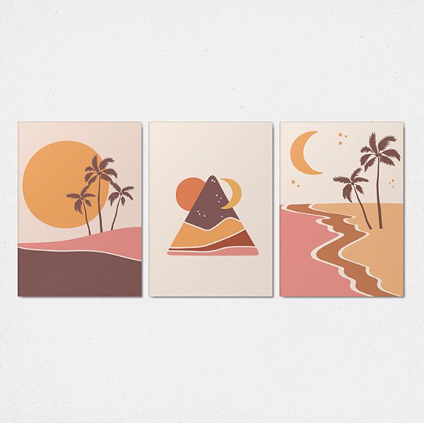 Trio Quadro Canvas Desenho Praia
